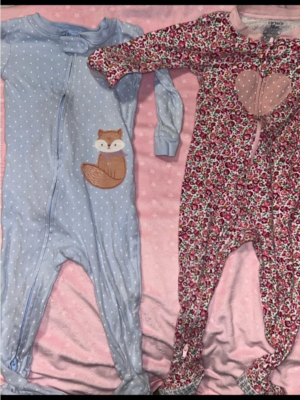 Carter's Pink Floral Heart & Light Blue Fox Footed Sleepers